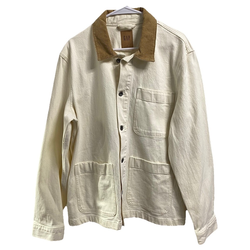 GAP Men's Denim Khaki Cream Chore Jacket Utility Workwear Corduroy Collar Sz. L